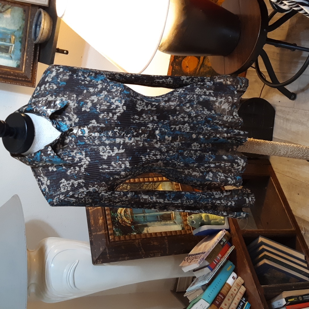 Womens Sheer Ripple Blouse Sz Med long sleeve shirt APT9 Brown Teal Cream Button